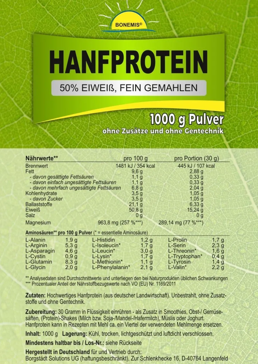 Hanfprotein Pulver 3 kg 50% Eiweiß, deutsche Landwirtschaft, Magnesium, Bonemis®