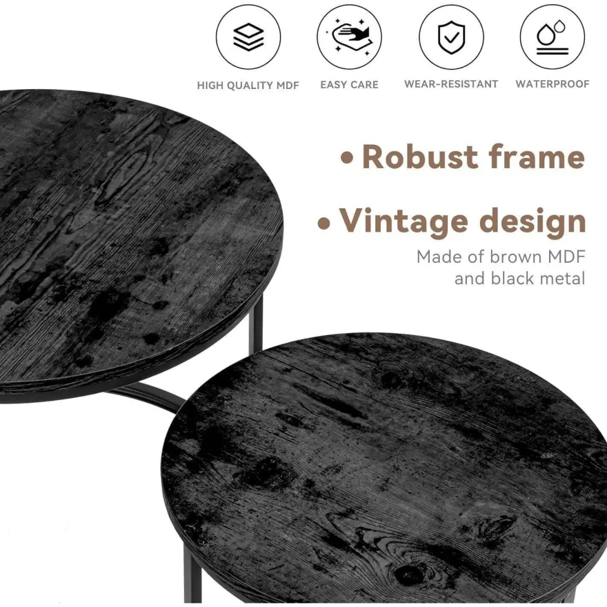 Hawthyhome 2er Beistelltisch Set rund, Couchtisch aus Holz mit Metallrahmen