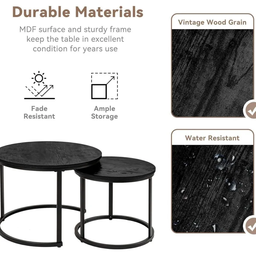 Hawthyhome 2er Beistelltisch Set rund, Couchtisch aus Holz mit Metallrahmen