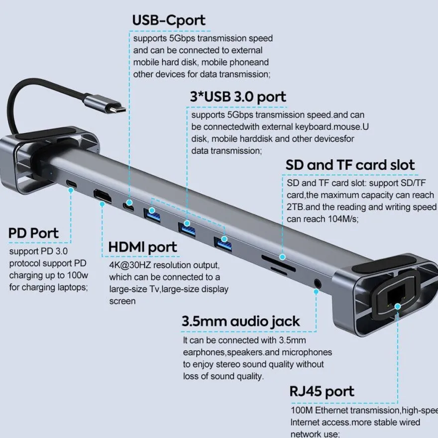 H36C USB C Hub Docking Station 10in1 HDMI RJ45 USB 3.0 Audio SD/TF für PC Laptop
