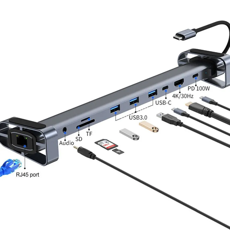 H36C USB C Hub Docking Station 10in1 HDMI RJ45 USB 3.0 Audio SD/TF für PC Laptop