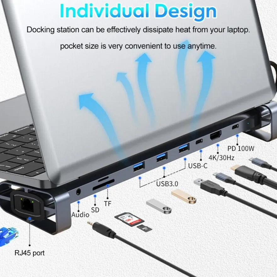 H36C USB C Hub Docking Station 10in1 HDMI RJ45 USB 3.0 Audio SD/TF für PC Laptop