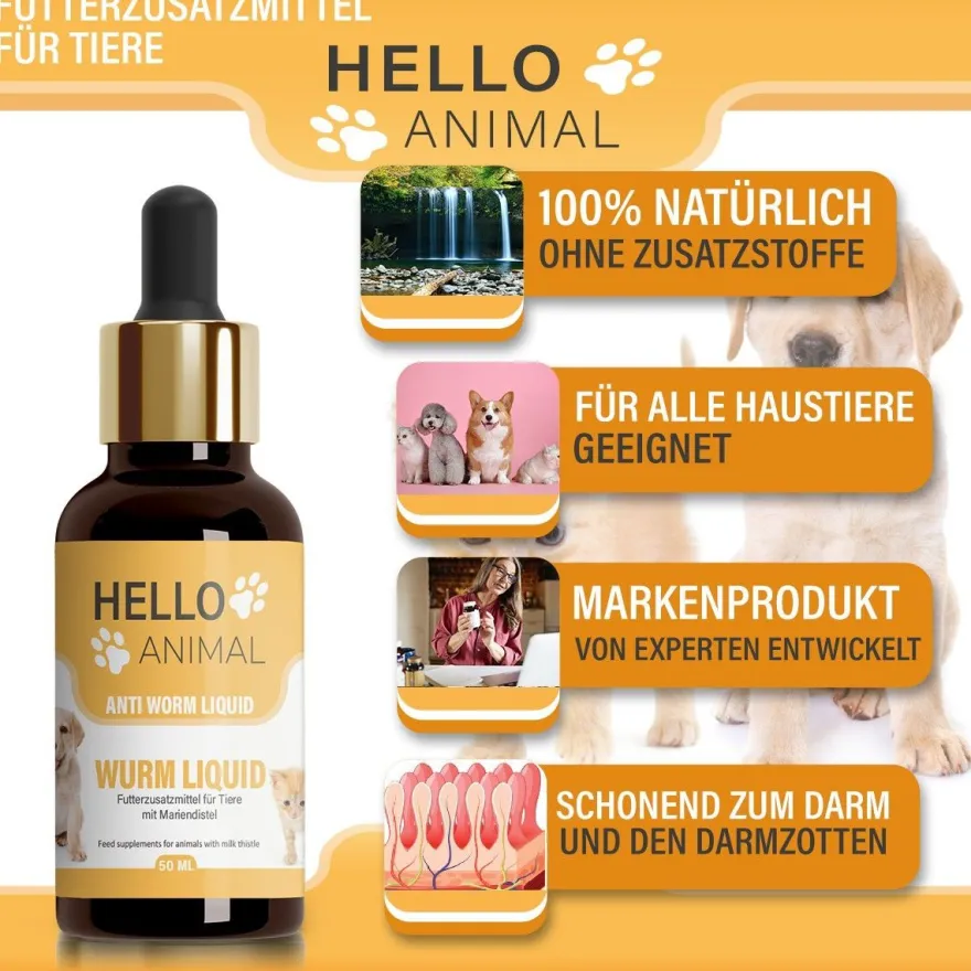 Hello Animal® Wurm Liquid | Entwurmungsmittel für Hunde, Katzen - entwurmen