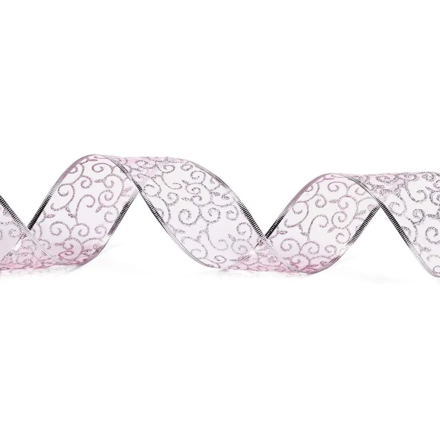 Hellrosa Swirl Sheer Glitter Kabelgebundenes Weihnachtsferienband 63mm x 22m