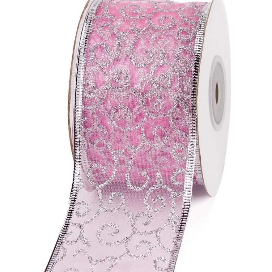 Hellrosa Swirl Sheer Glitter Kabelgebundenes Weihnachtsferienband 63mm x 22m
