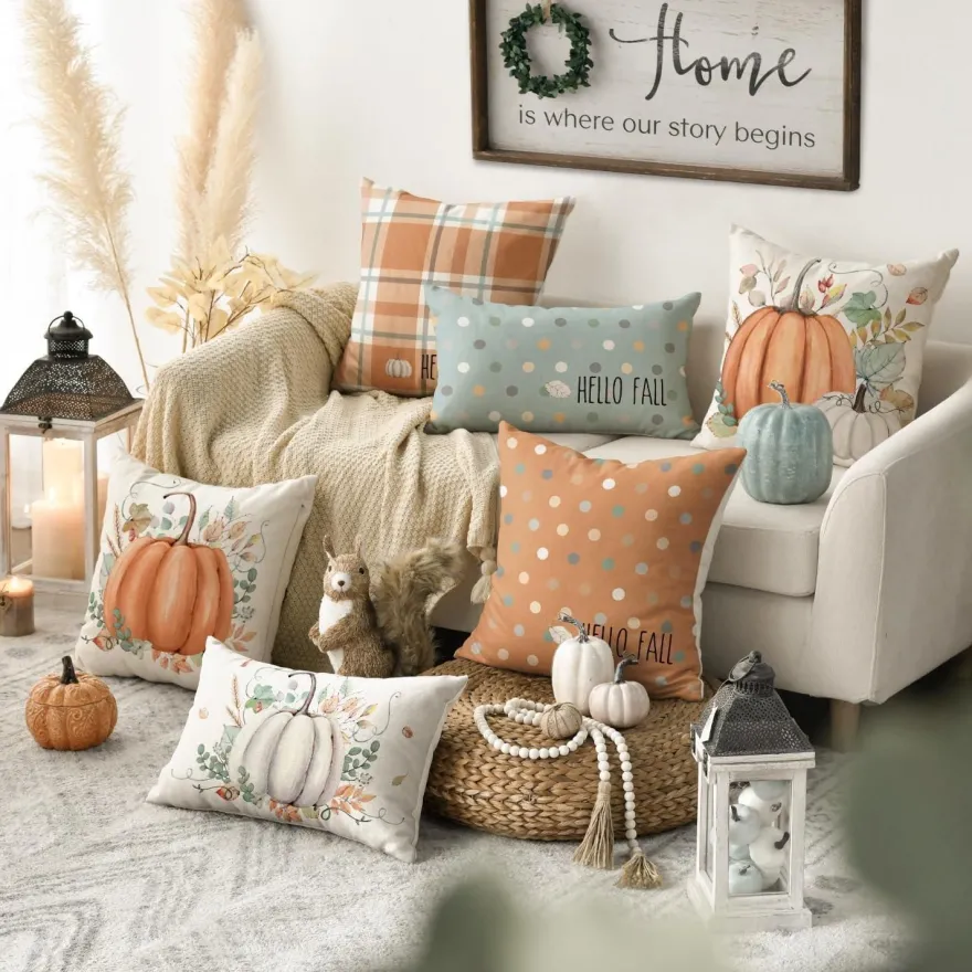 Herbst Kürbisse Orange Kissenbezüge 4er Set 45x45 cm Couch Deko