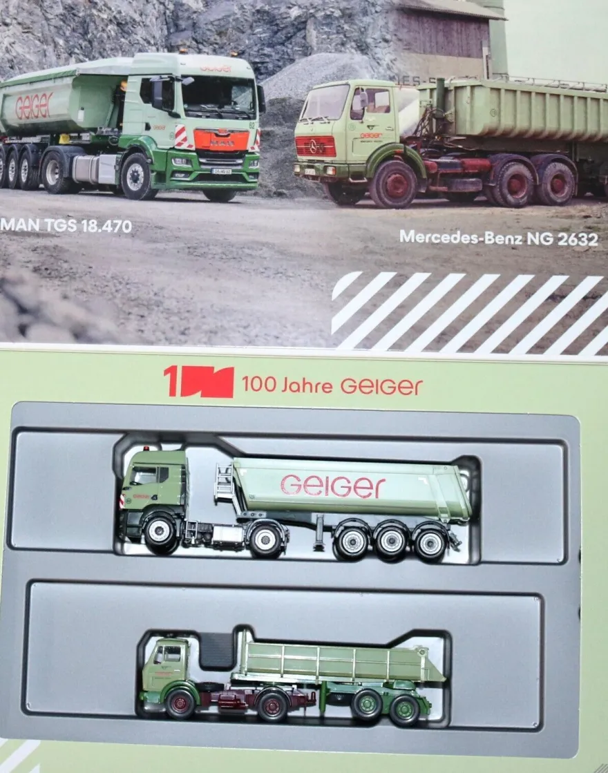 Herpa 316699 | Set 100 Jahre Geiger | MAN TGS TM Muldenkipper u. MB Baukipper