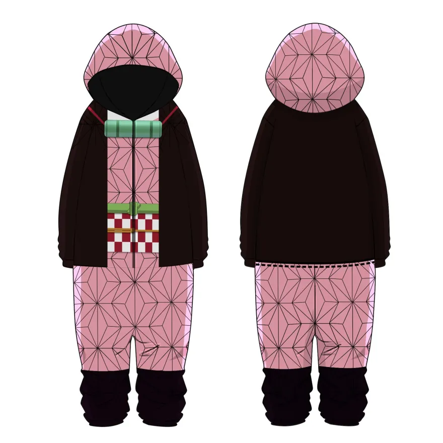 Herren Damen Demon Slayer Hooded Pyjama Winter Tanjirou Cosplay Schlafanzug