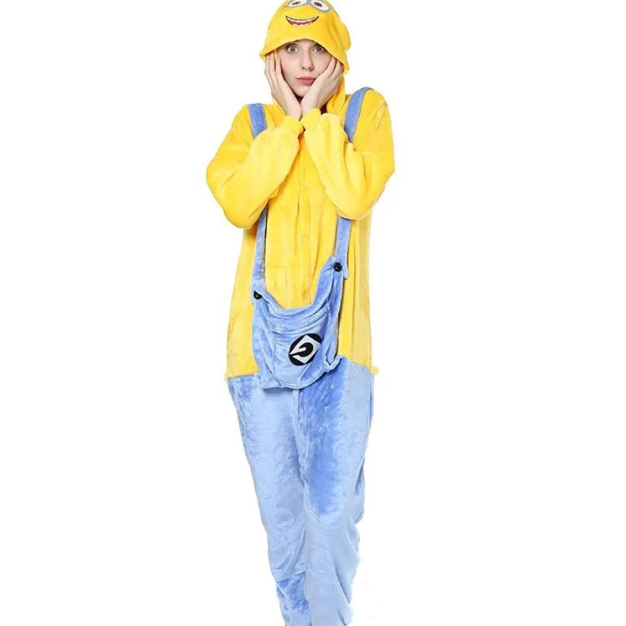 Herren Damen Minions Onesie Hooded Pyjama Winter Despicable Me Cosplay Schlafanzug