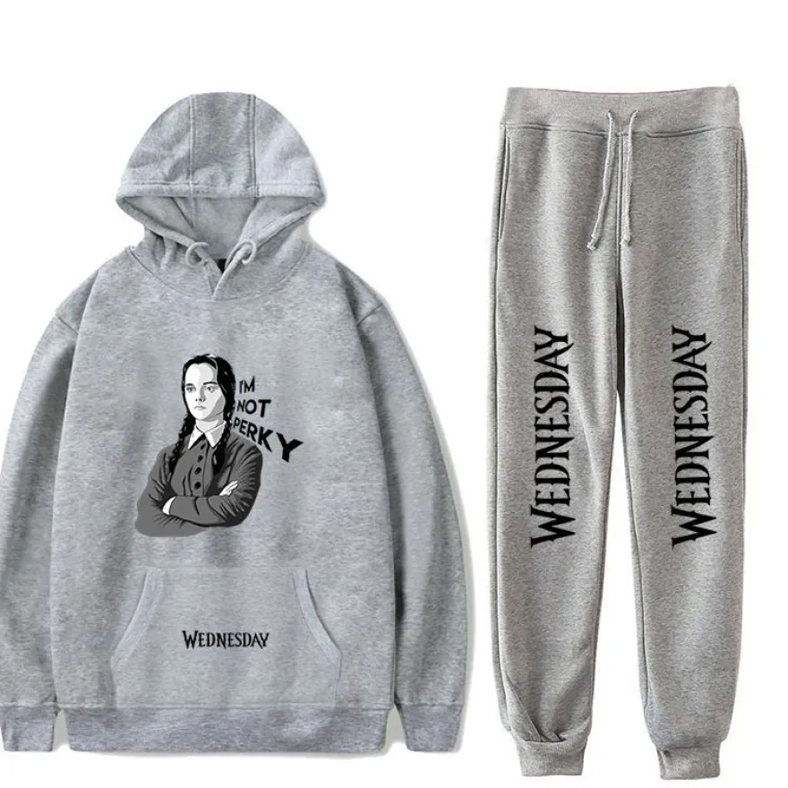 Herren 2er Set Sportanzug Wednesday Thing Addams Hoodie Hose Leggings Grau