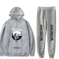 Herren 2er Set Sportanzug Wednesday Thing Addams Hoodie Hose Leggings Grau