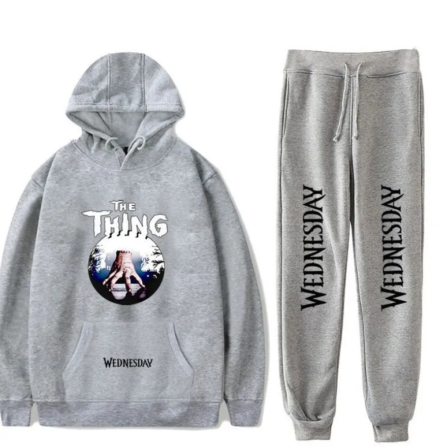 Herren 2er Set Sportanzug Wednesday Thing Addams Hoodie Hose Leggings Grau