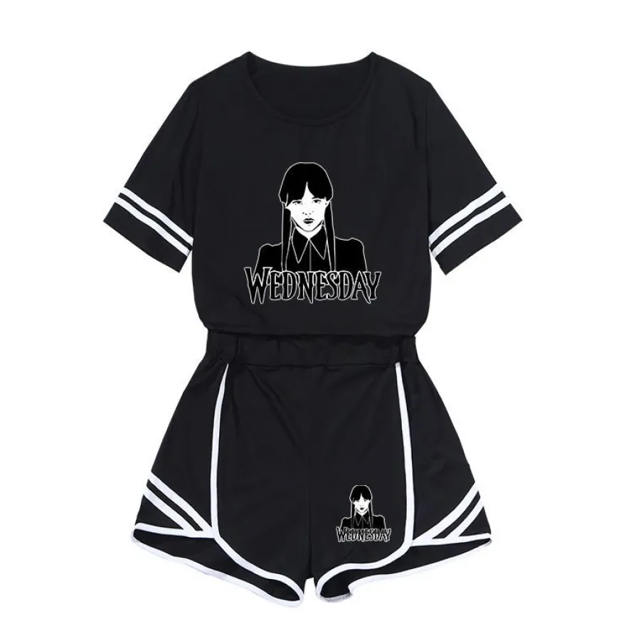 Herren 2er Set Sportanzug Wednesday Thing Addams Hausanzug T-shirt Kurzhose