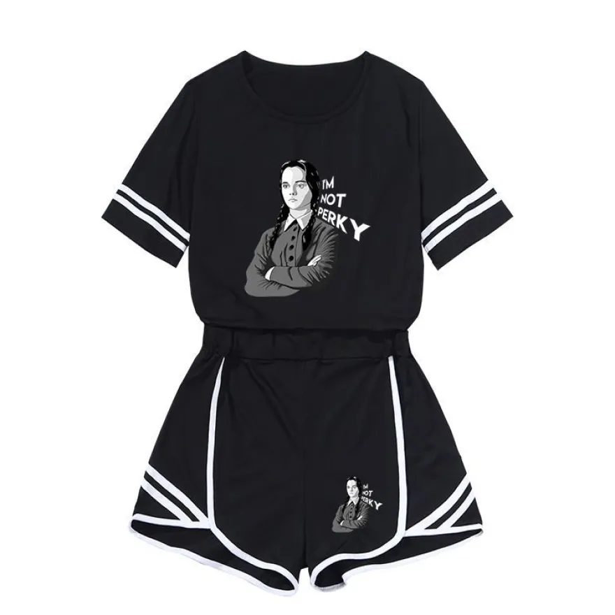 Herren 2er Set Sportanzug Wednesday Thing Addams Hausanzug T-shirt Kurzhose