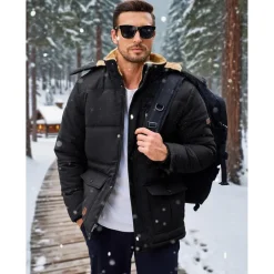 Herren Winter Parka Jacke Outdoor Fleecejacke Kapuze Schwarz
