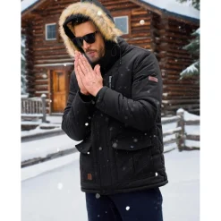 Herren Winter Parka Jacke Outdoor Fleecejacke Kapuze Schwarz