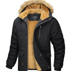 Herren Winter Parka Jacke Outdoor Fleecejacke Kapuze Schwarz