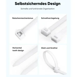 Highwings Kabelbinder Weiß 200mm x 7,6mm, 100 Stück, 75KG Zugfestigkeit, UV