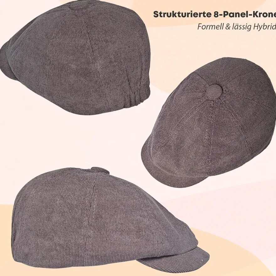 HIQIU Herren Kord Schiebermütze - 8-Panel Newsboy Cap, einfarbig, für