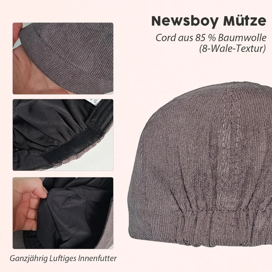 HIQIU Herren Kord Schiebermütze - 8-Panel Newsboy Cap, einfarbig, für