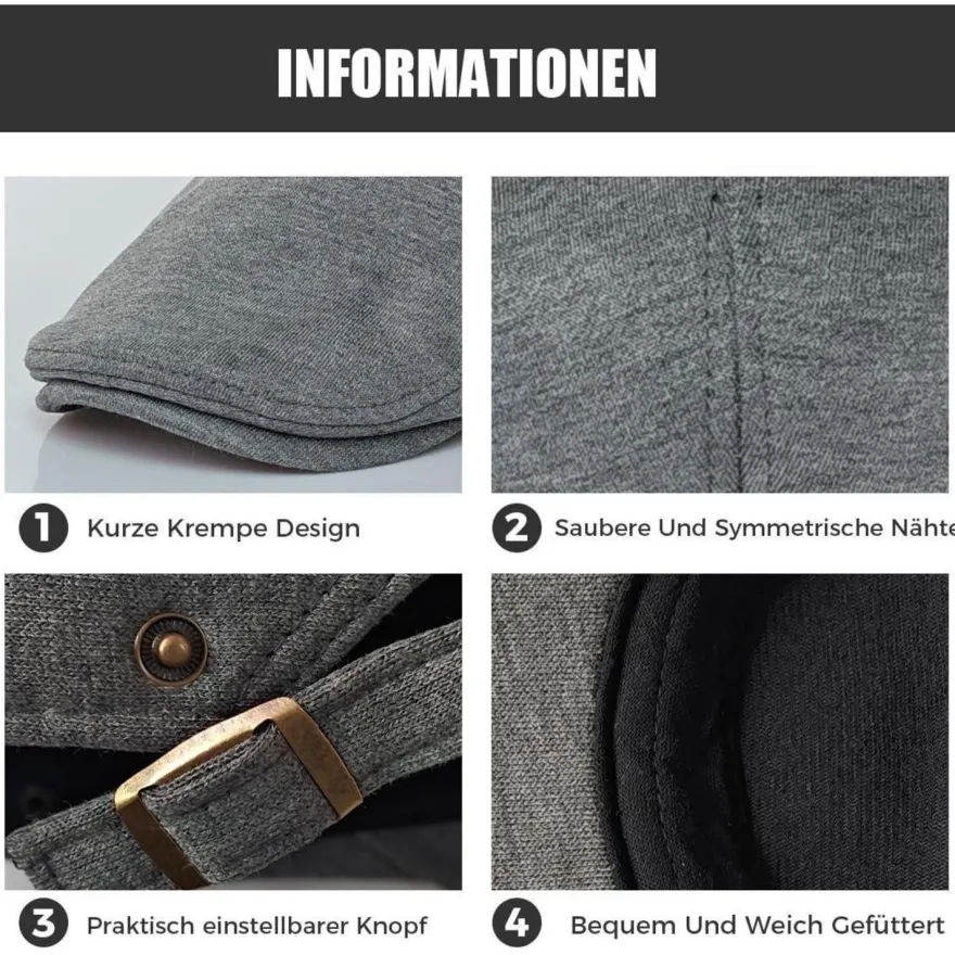 HIQIU Schiebermütze Herren Verstellbare Baumwolle Gatsby Flatcap Newsboy Cap