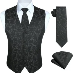 Hisdern Herren Jacquard Blumenmuster Weste Krawatte Einstecktuch Set für