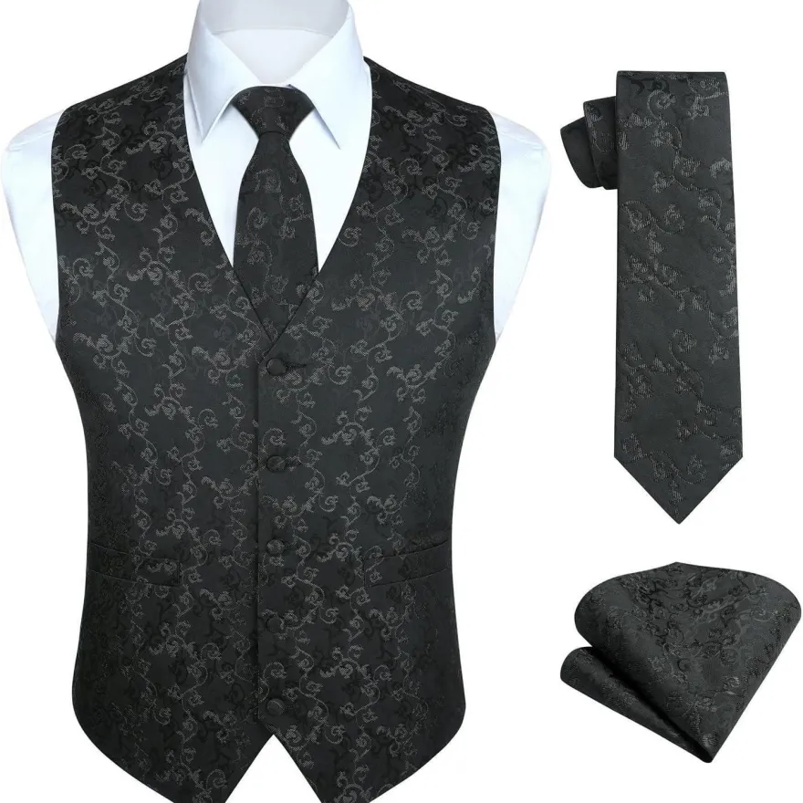 Hisdern Herren Jacquard Blumenmuster Weste Krawatte Einstecktuch Set für