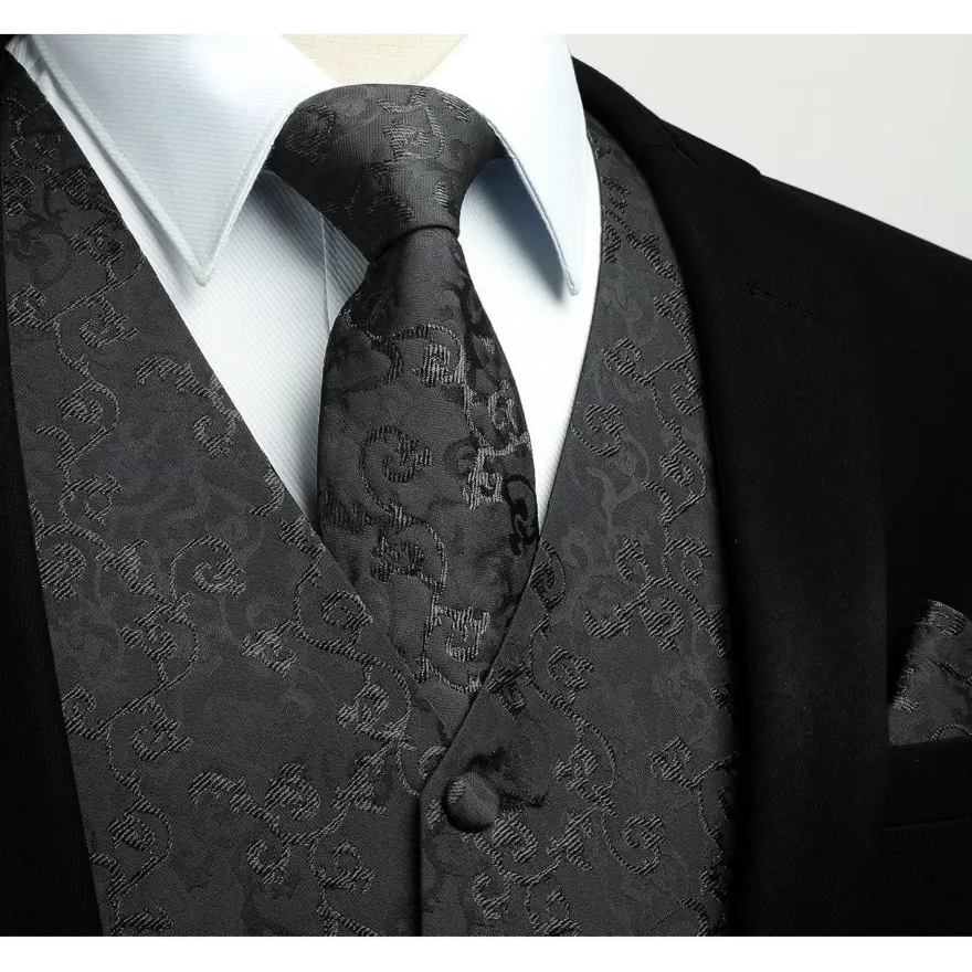 Hisdern Herren Jacquard Blumenmuster Weste Krawatte Einstecktuch Set für