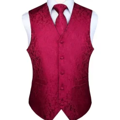 Hisdern Herren Jacquard Weste Krawatte Einstecktuch Set - Rotwein, Gr. XXL
