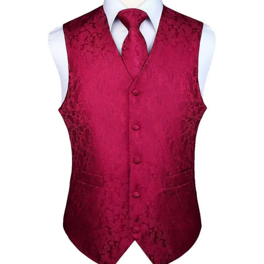 Hisdern Herren Jacquard Weste Krawatte Einstecktuch Set - Rotwein, Gr. XXL