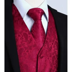 Hisdern Herren Jacquard Weste Krawatte Einstecktuch Set - Rotwein, Gr. XXL