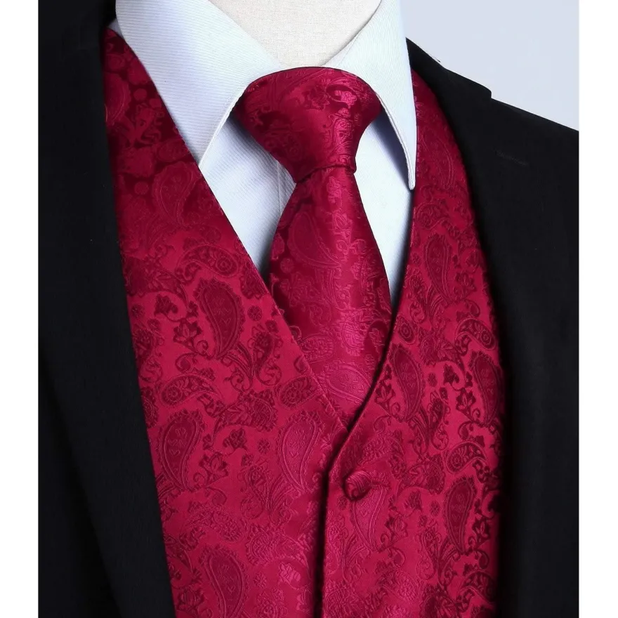 Hisdern Herren Jacquard Weste Krawatte Einstecktuch Set - Rotwein, Gr. XXL