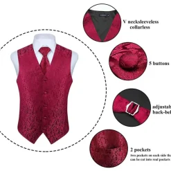 Hisdern Herren Jacquard Weste Krawatte Einstecktuch Set - Rotwein, Gr. XXL