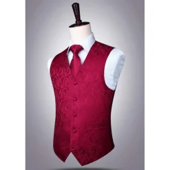 Hisdern Herren Jacquard Weste Krawatte Einstecktuch Set - Rotwein, Gr. XXL