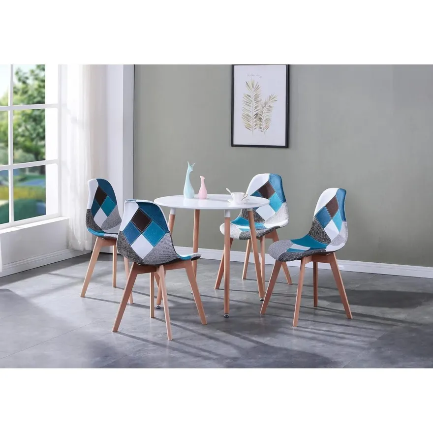 HJhomeheart 8er Set Esszimmerstühle Patchwork Stoff mit Massivholzbeinen, Blau