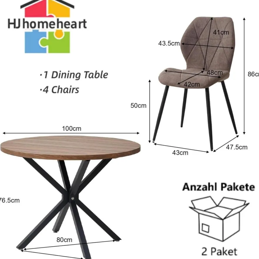 HJhomeheart Esstisch und Stuhlset rund 100cm mit 4 Leinenstühlen, Dunkelbraun