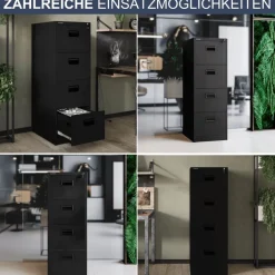 H?ngeregisterschrank abschlie?bar SARA 132x46x62cm Schwarz 4 Schubladen mit Schloss