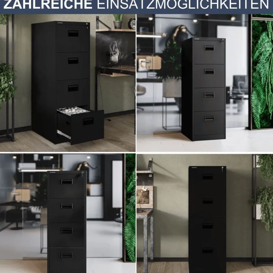 H?ngeregisterschrank abschlie?bar SARA 132x46x62cm Schwarz 4 Schubladen mit Schloss
