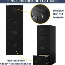 H?ngeregisterschrank abschlie?bar SARA 132x46x62cm Schwarz 4 Schubladen mit Schloss