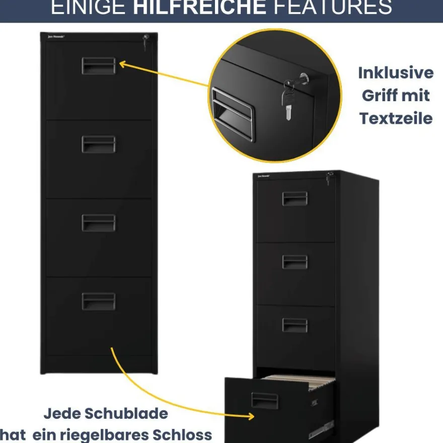H?ngeregisterschrank abschlie?bar SARA 132x46x62cm Schwarz 4 Schubladen mit Schloss