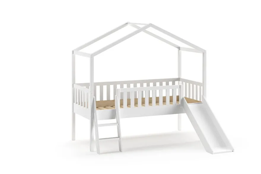 Hochbett Dallas 90 x 200 cm Haus Kiefer Weiß lackiert mit rutsche inkl. Rollrost