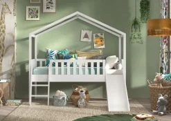 Hochbett Dallas 90 x 200 cm Haus Kiefer Weiß lackiert mit rutsche inkl. Rollrost