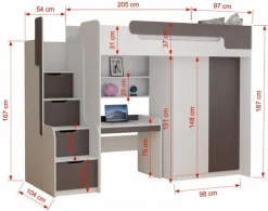 Hochbett DORIAN mit Schreibtisch und Schrank in grau