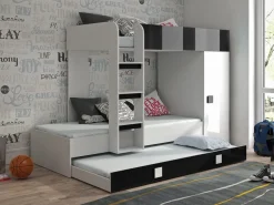 Hochbett Etagenbett mit Schrank TELLY 2 für 2-3 Kinder hochglanz weiß grau rosa