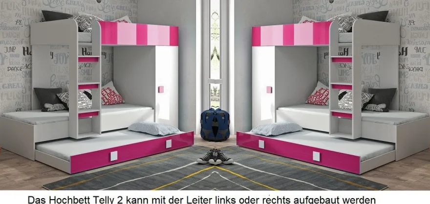 Hochbett Etagenbett mit Schrank TELLY 2 für 2-3 Kinder hochglanz weiß grau rosa