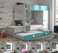Hochbett Etagenbett mit Schrank TELLY 2 für 2-3 Kinder hochglanz weiß grau rosa