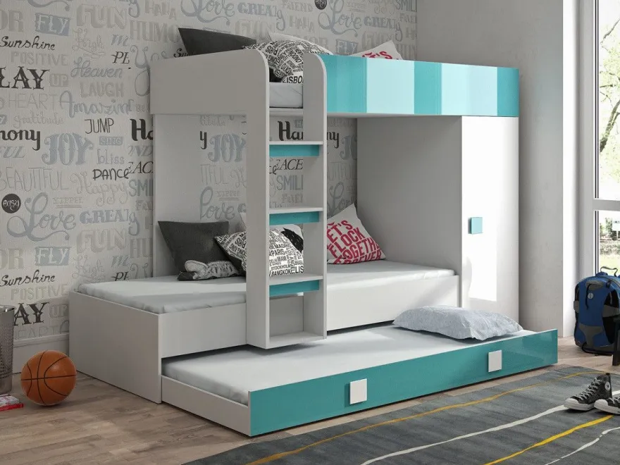 Hochbett Etagenbett mit Schrank TELLY 2 für 2-3 Kinder hochglanz weiß grau rosa
