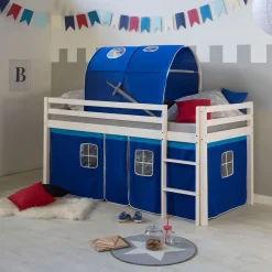 Hochbett mit Lattenrost 90x200 Spielbett Kinderbett Tunnel Vorhang blau Holz Kiefe...