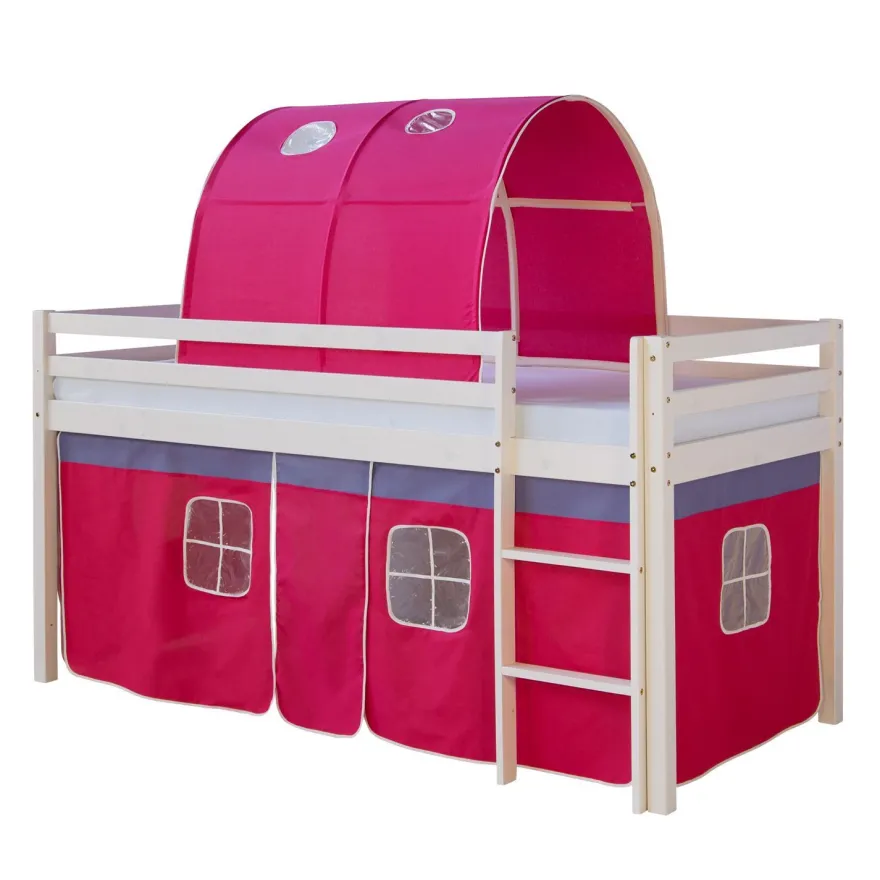 Hochbett mit Lattenrost 90x200 Spielbett Kinderbett Tunnel Vorhang pink Holz Kiefe...
