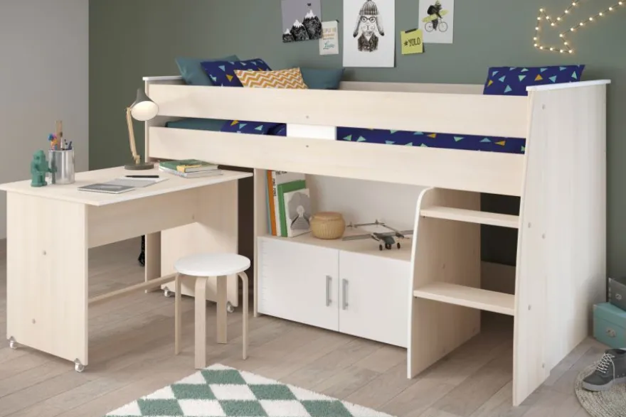 Hochbett Parisot Charly4 Akazie und weiß Bett 90x200 mit Schreibtisch und Stauraum